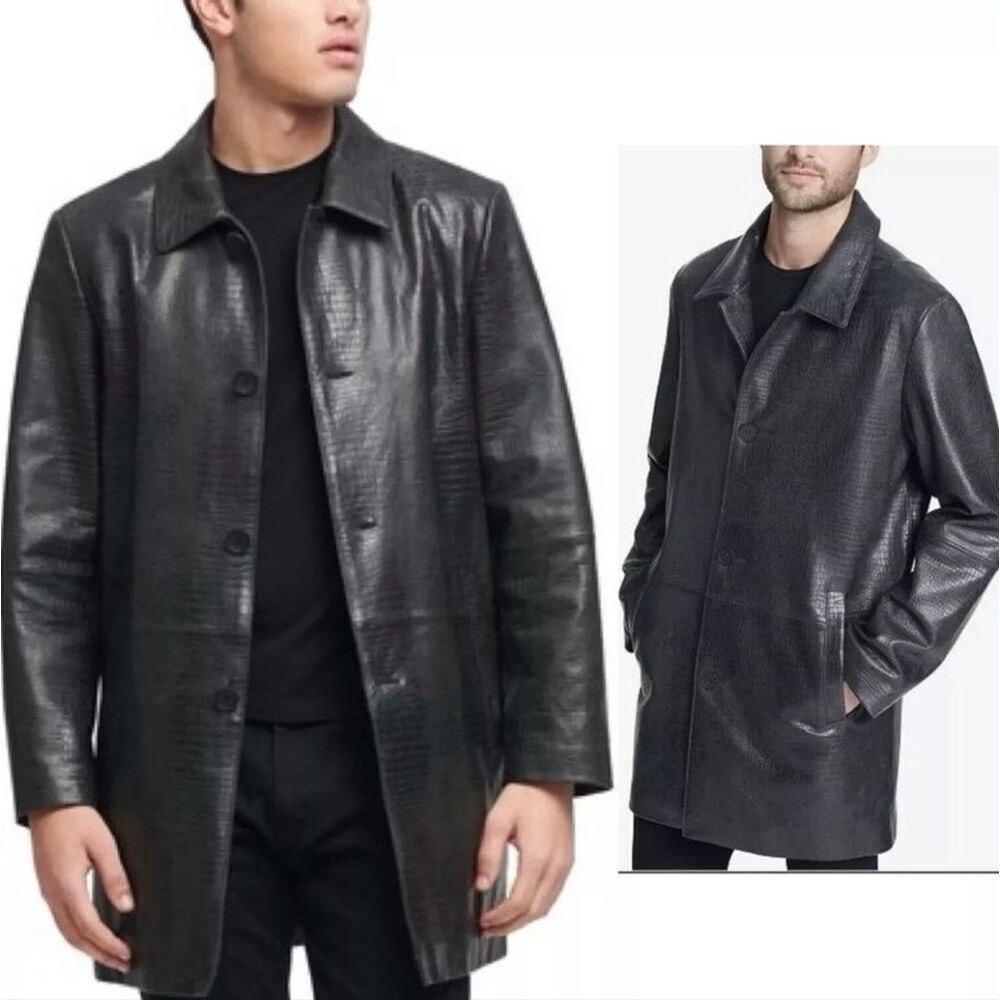 NWT $695 DKNY Dark Green Croc Embossed Leather Button Coat Heavy Sixe XL XXL